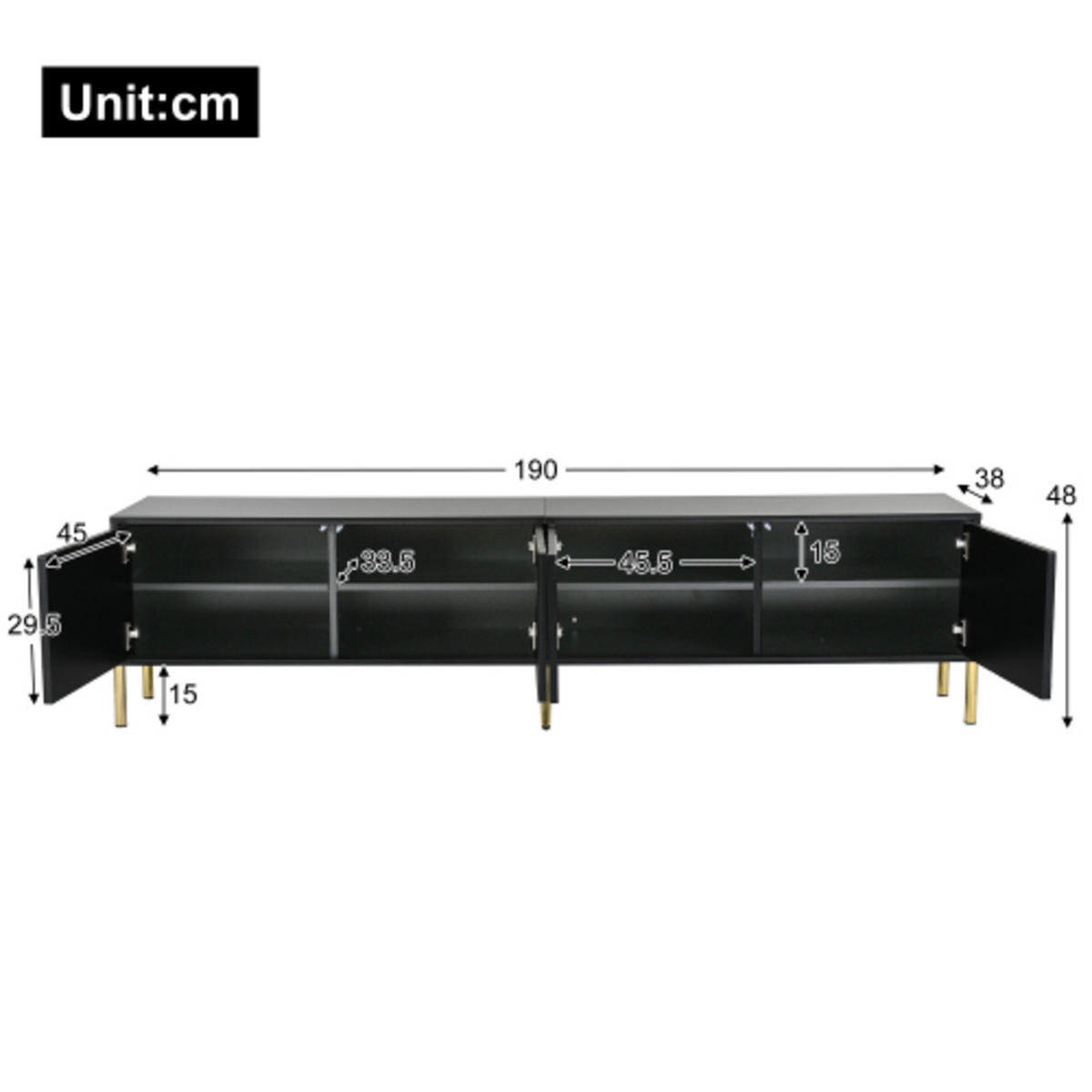 LOWBOARD Schwarz aus MDF und Spanplatte mit vertikalem Rillendesign & goldenen 15cm-Beinen 190×38×48 cm - Schwarz, Holzwerkstoff (190/48/38cm) - Luhomfu