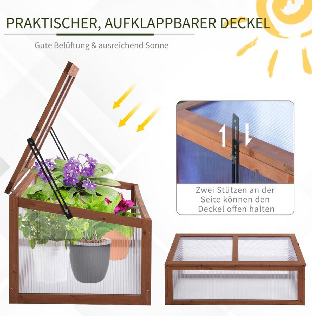 GEWÄCHSHAUS aus Holz 100x65x40 cm in Braun mit aufklappbarer Abdeckung - Braun, Holz (65/40/100cm) - Modfu