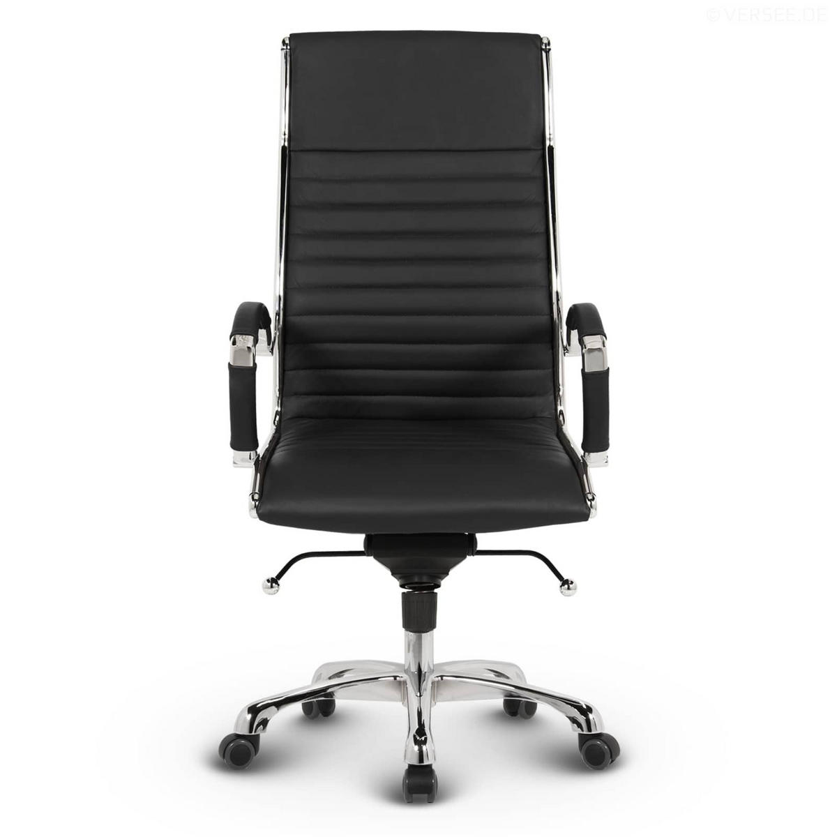 BÜROSTUHL Montreal Echtleder Schwarz – ergonomisch, 150 kg belastbar, Sitzhöhe 46-54cm - Schwarz Hochglanz, Leder/Metall (60/115/60cm) - Versee