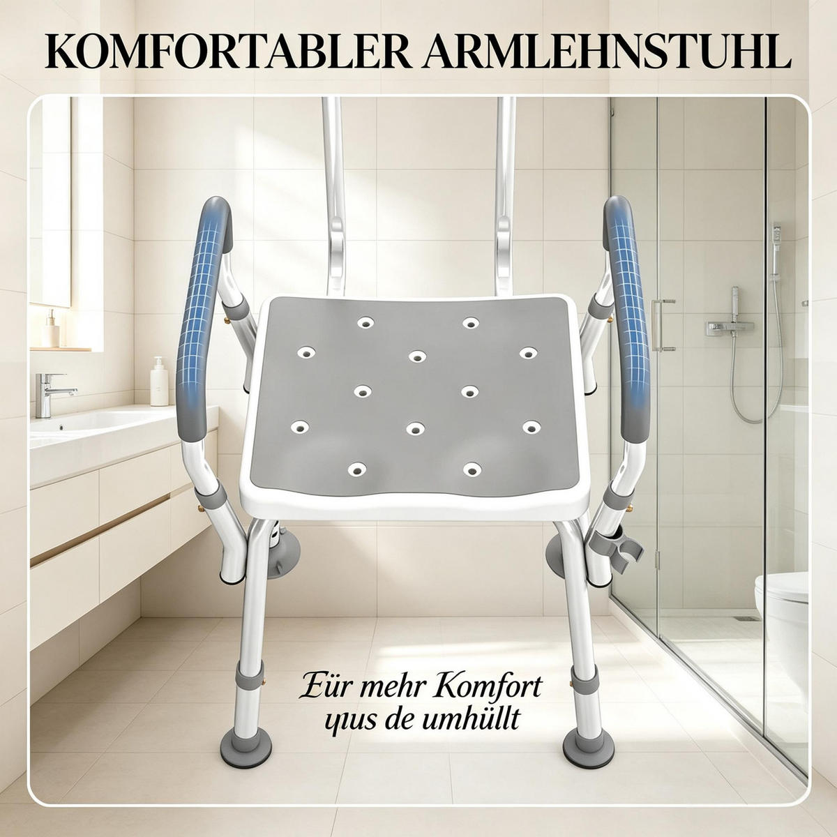 DUSCHSTUHL höhenverstellbar mit Rutschschutz, DE-42180, Weiß/Hellgrau - Grau, Kunststoff/Metall (53.5/74/56.5cm) - ComfortXL