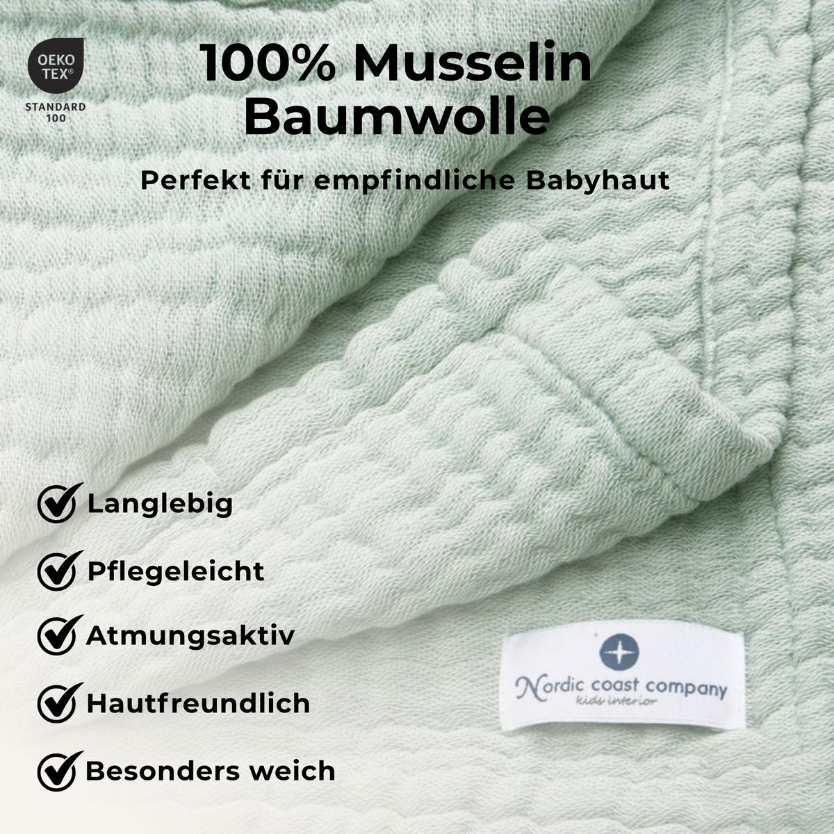 MUSSELINDECKE Baby Babydecke Musselin Einschlagdecke Puckdecke Erstlingsdecke atmungsaktiv - Mintgrün, Textil (80/80cm) - nordic coast company