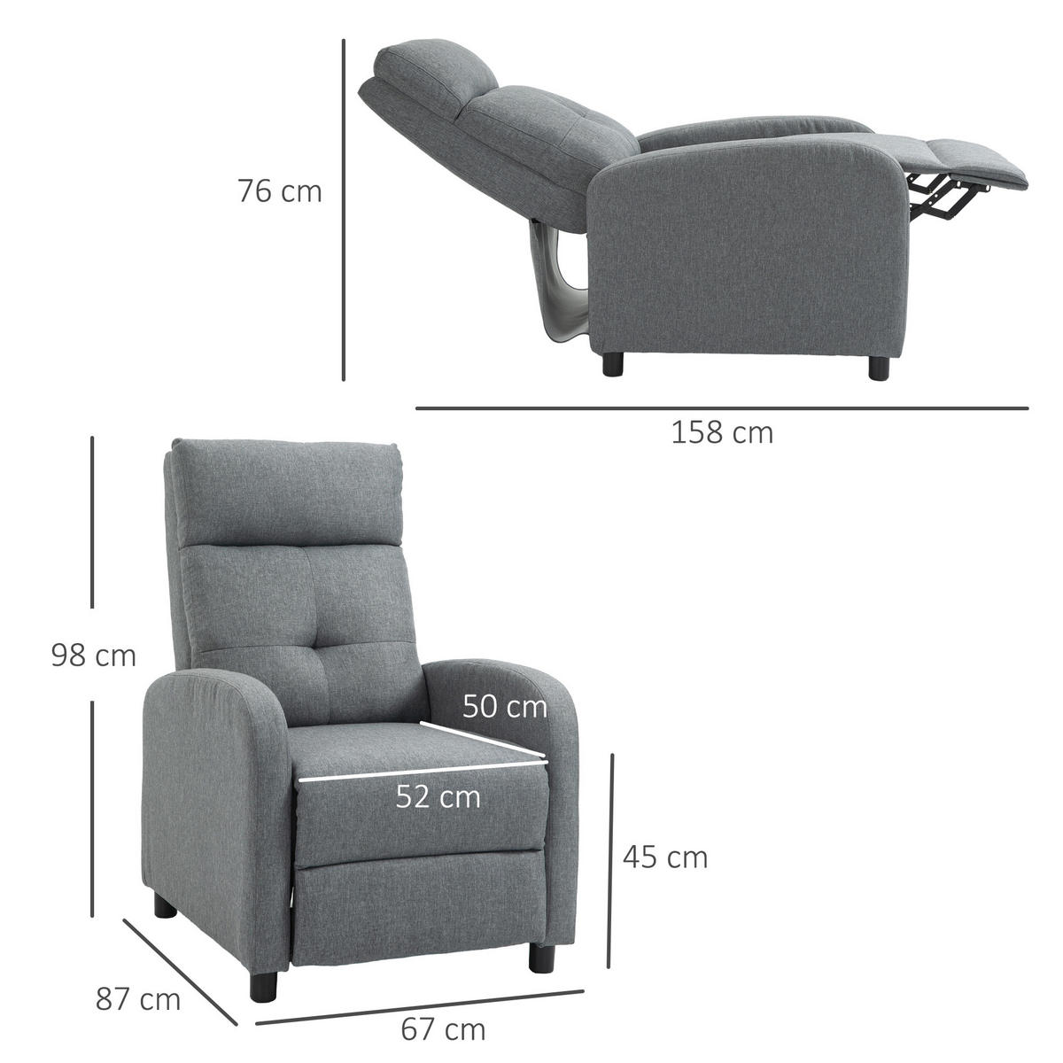RELAXSESSEL mit Liegefunktion, Grau - Grau, Textil (67/98/87cm) - HOMCOM