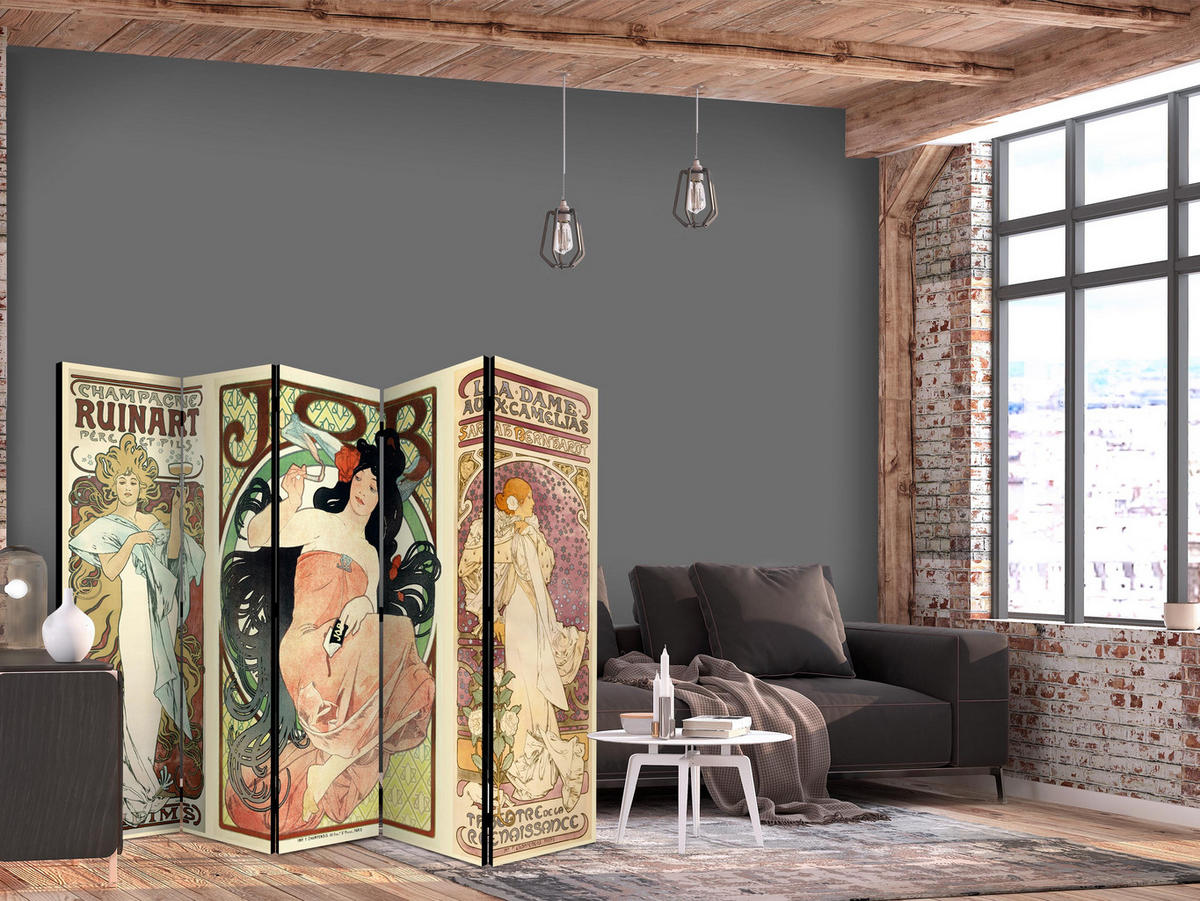 PARAVENT Akustik 5-tlg 225x172 cm Frauenbilder Abstraktion - Multicolor, Holz/Textil (225/172/3cm) - Muralo