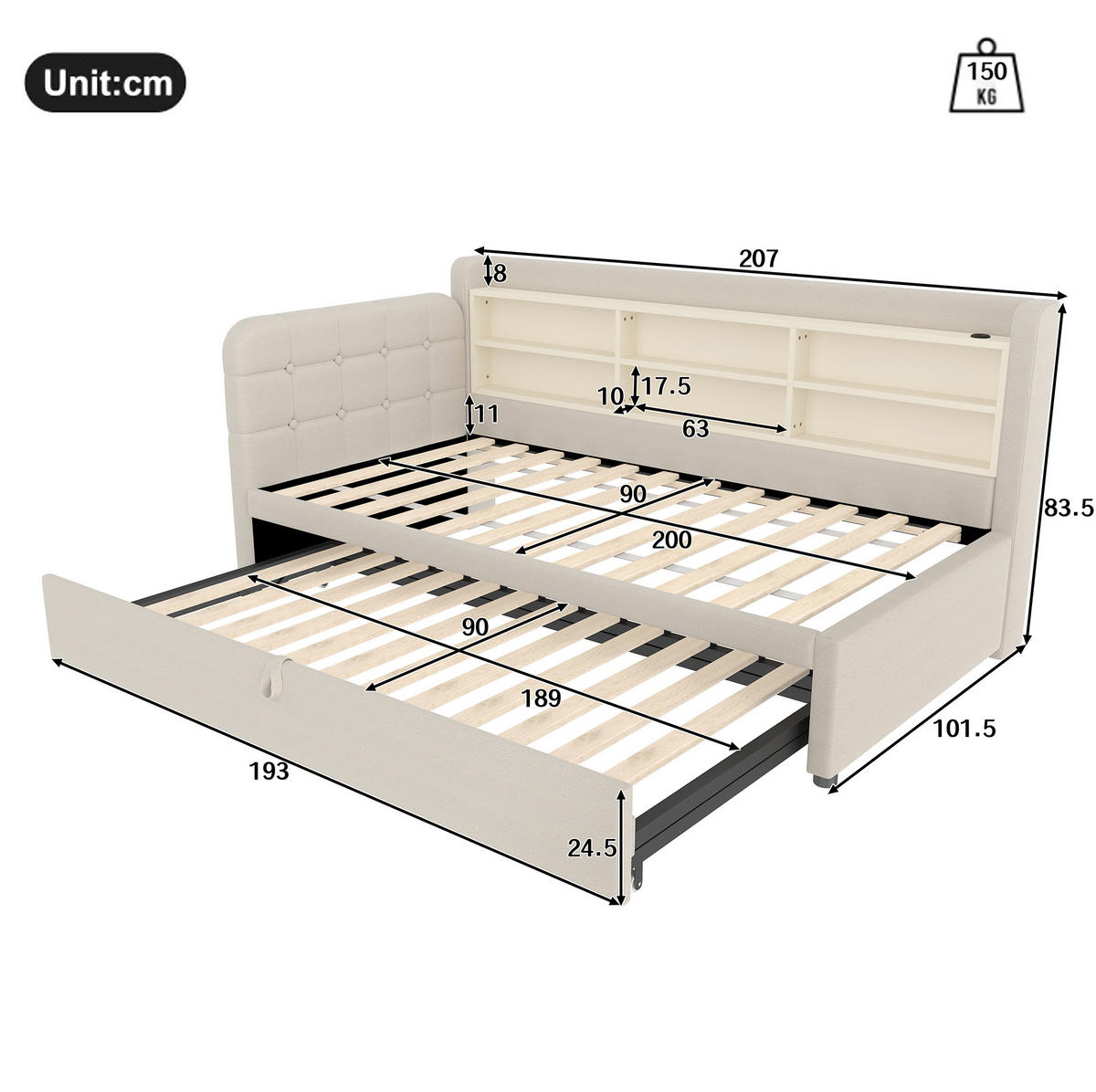 BETT 90/200 cm mit Ausziehbett, Kopfteil und USB/Typ-C – inkl. Lattenrost, Beige - Beige, Textil (90/200cm) - BEAOK