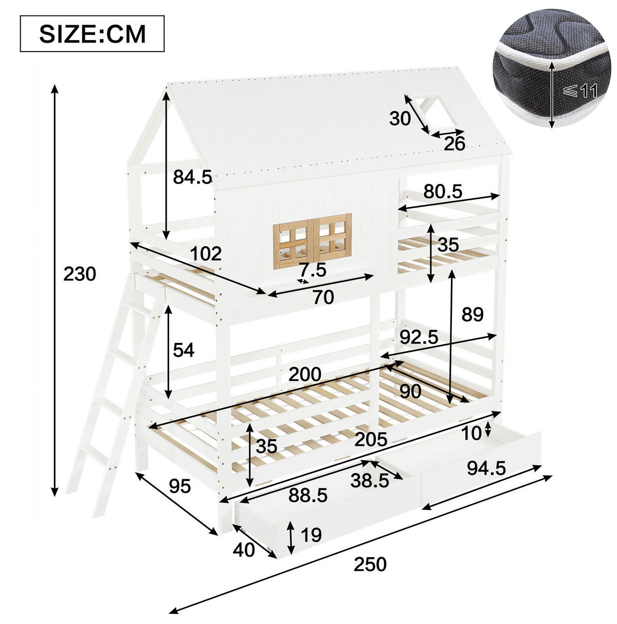 HAUSBETT 90/200 cm mit Dach, Fenstern und 2 Schubladen in Weiß/Natur - Weiß, Holz (90/200cm) - Flora Grace