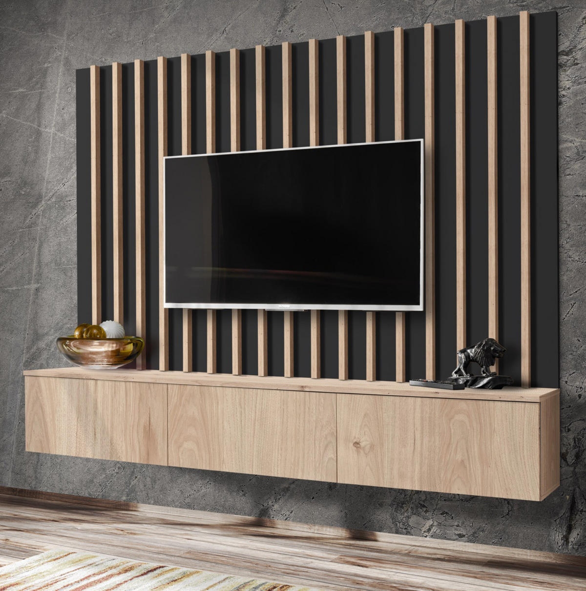 WOHNWAND schwarz, Eiche Jackson 220 cm, Schrankwand mit LED Beleuchtung - Eichefarben/Schwarz, Glas/Holzwerkstoff (220/148/35cm) - Furn.Design