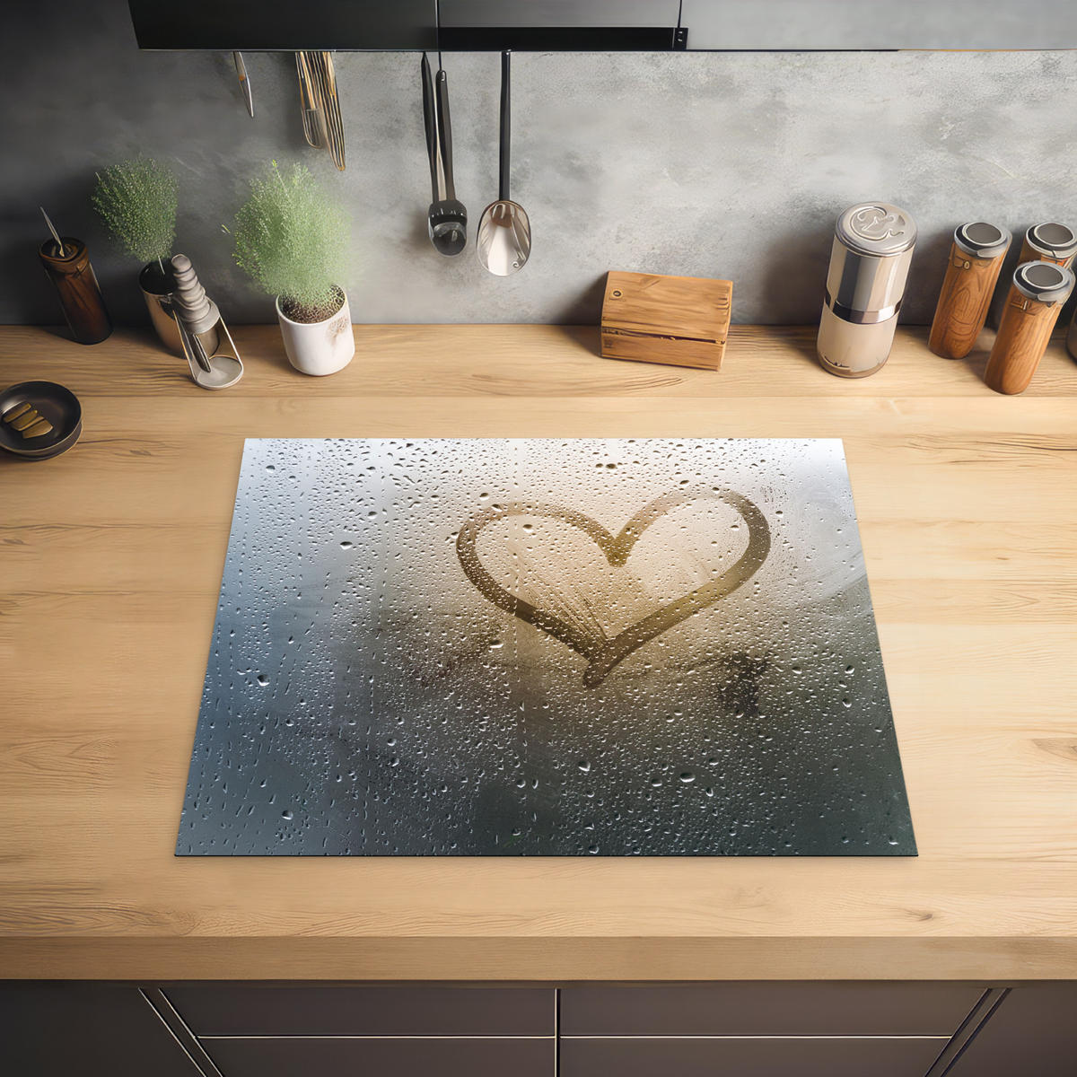 HERDABDECKPLATTE Herz - Kondenswasser - Wasser - 3D Herdabdeckung Induktionsfeld 65x52 cm - Grau, Kunststoff (65/52/0.2cm) - MuchoWow