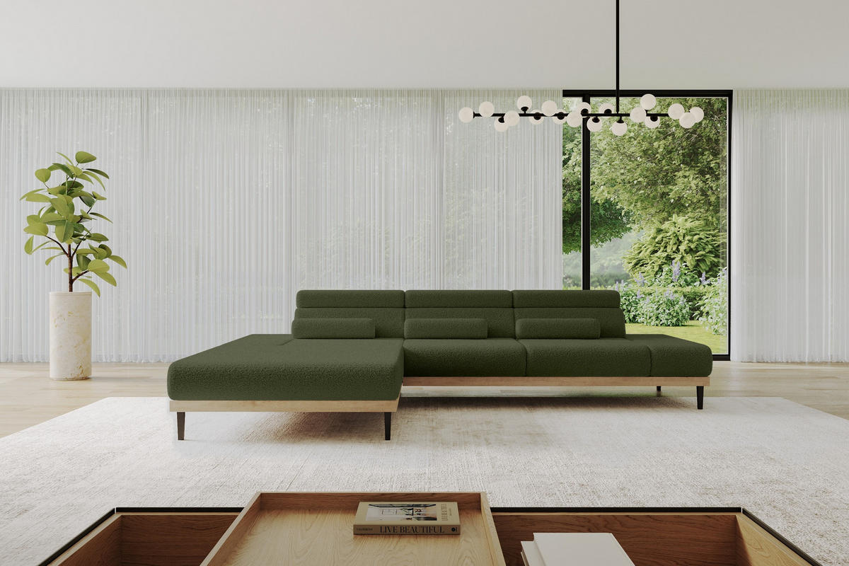 ELEKTRISCHES ECKSOFA Links MONA 316x205x85 Grün Bouclé - Olivgrün/Grün, Holzwerkstoff/Textil (316/205cm) - ALTDECOR