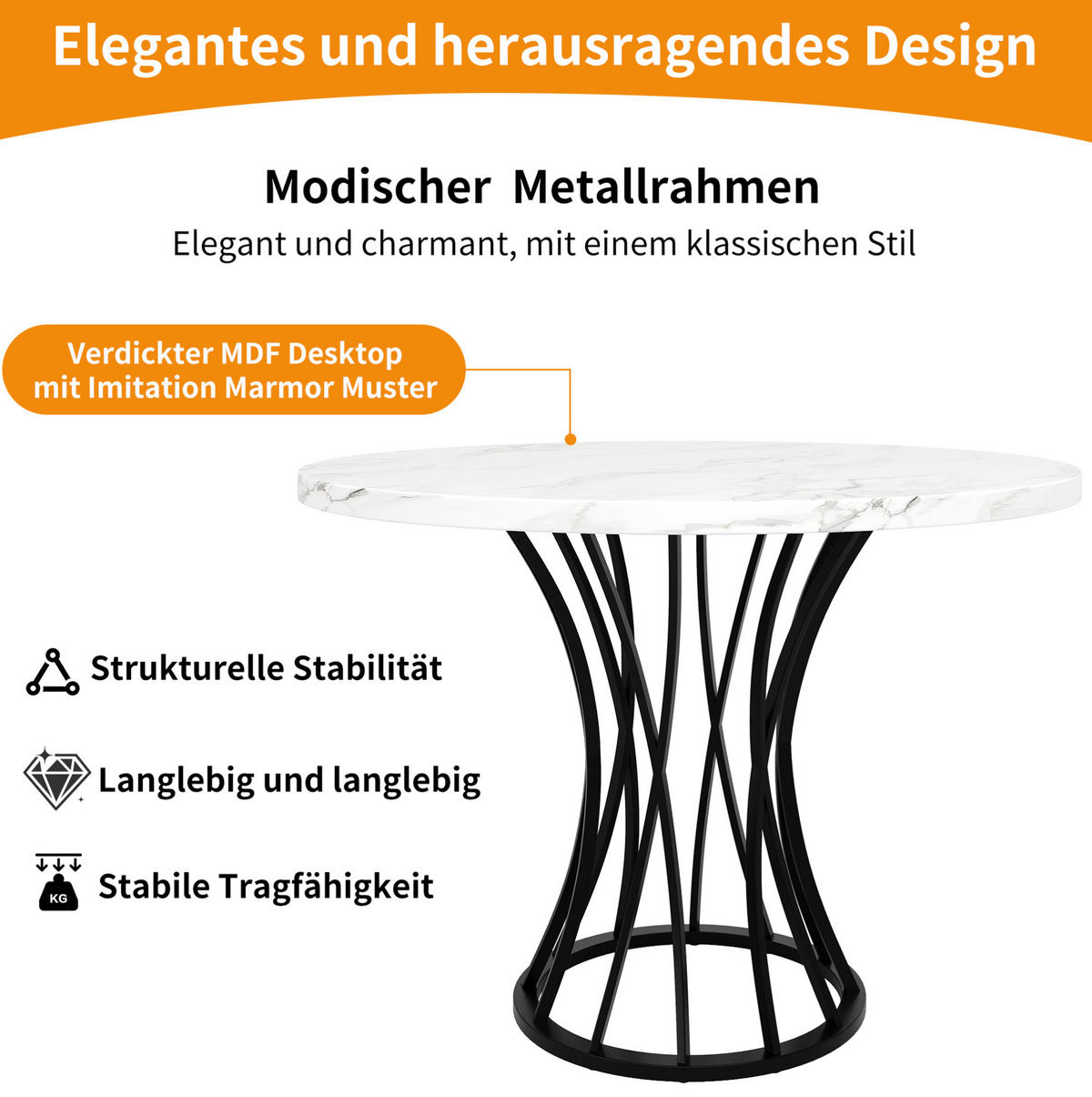 ESSTISCH, MDF-Tischplatte in Marmoroptik & Metallgestell, 80/80/76 cm, Schwarz - Schwarz, Holzwerkstoff (80/80/76cm) - Redom