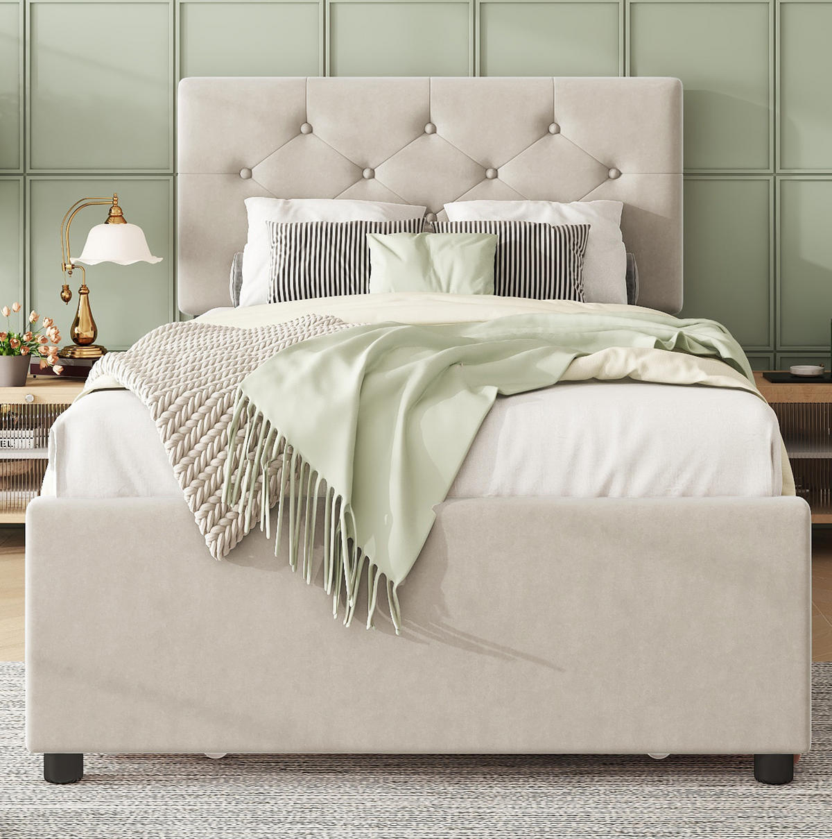 BETT mit Rollbett 90x200 cm Samt Beige - Beige, Metall (90/200cm) - Meubliv