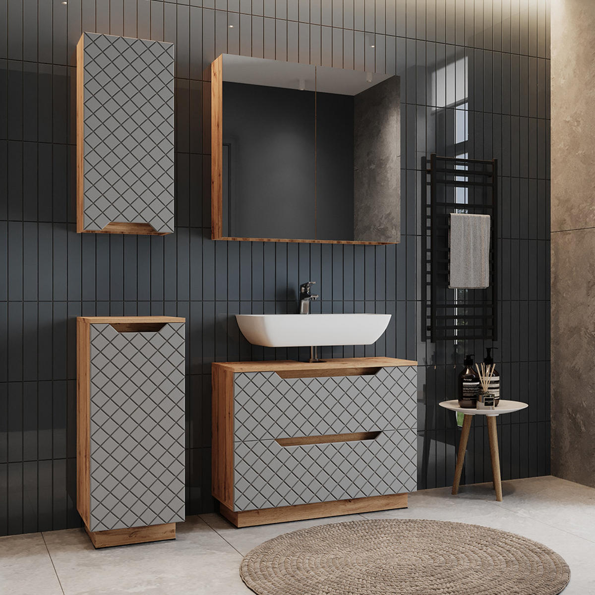 BADMÖBEL-SET Lotta Eiche/Grau mit Kachelstruktur 4 Teile - Eichefarben/Grau, Holzwerkstoff (79.6/62.5/32cm) - Vicco