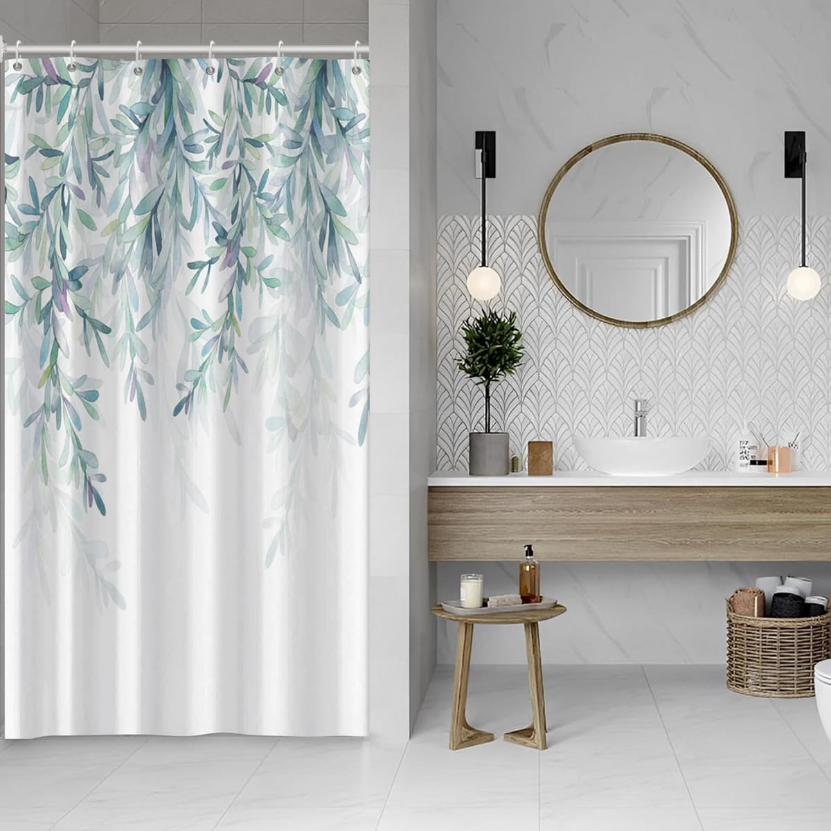 DUSCHVORHANG Eukalyptus Blätter Grün Aquarell Pflanze fürs Badezimmer wasserdicht Polyester - Weiß, Textil (180/3cm) - MCBOSON