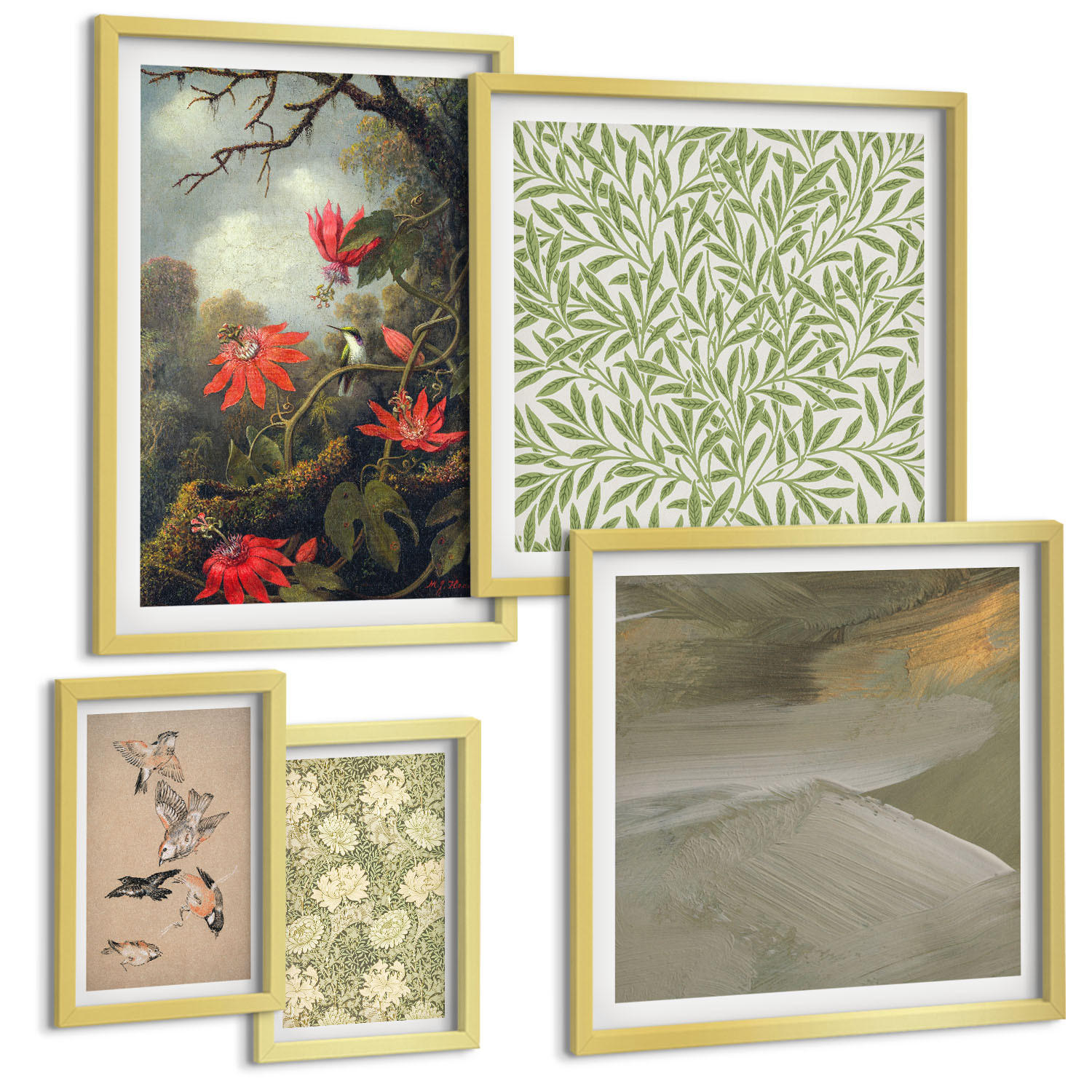 BILDER SET 5er Set - 50x50 cm & 20x30 cm & 40x60 cm Goldrahmen - Blumen und Vögel in natürlicher Umgebung - Goldfarben, Kunststoff (40/60cm) - TULUP