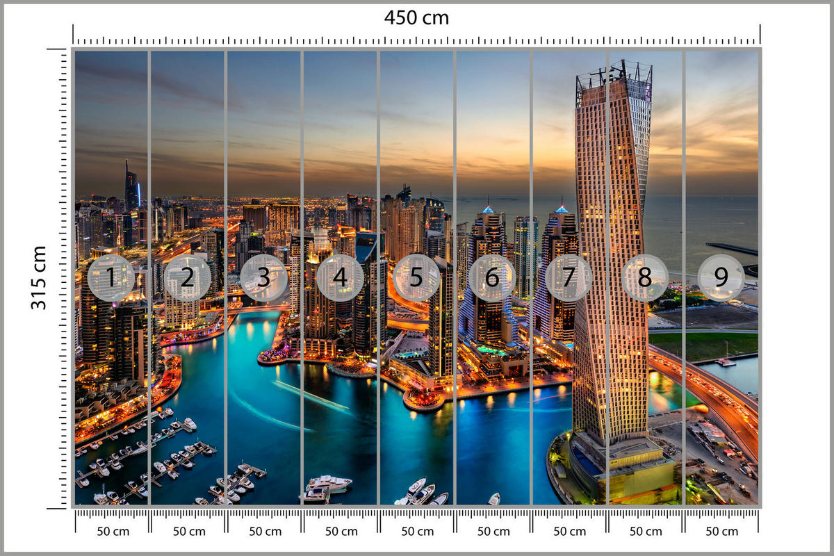 FOTOTAPETE für Büro Hochhäuser Dubai Marina Hafen Lichter Modern 450x315 - Türkis/Gelb, Papier (450/315cm) - Muralo