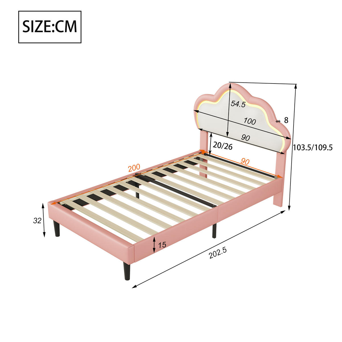POLSTERBETT 90x200 cm mit verstellbarem Kopfteil & RGB-LED-Bettrahmen – Kinderbett / Einzelbett - Pink, Holz/Metall (90/200cm) - BursDany