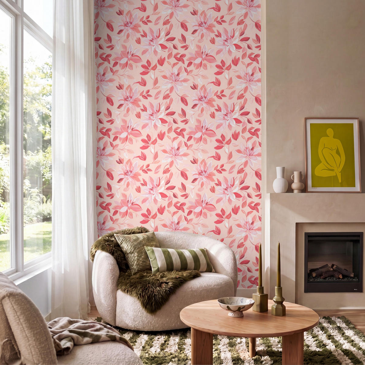 TAPETE - Botanisch - Blumen - Rot - 160x260 cm - Koralle, Papier (160/260cm) - OnlyWow