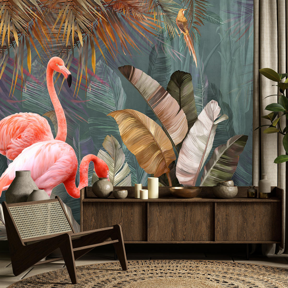 FOTOTAPETE für Wohnzimmer Flamingos Dschungel Blätter Tropisch 450x315 - Multicolor, Papier (450/315cm) - Muralo