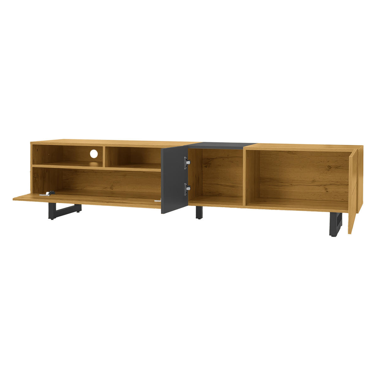 TV-SCHRANK aus melaminbeschichteter Spanplatte 170x42x36,5 cm Dunkelgrau/Natur mit 3 Türen und 2 offenen Fächern - Naturfarben, Holzwerkstoff (170/42/36.5cm) - Modfu