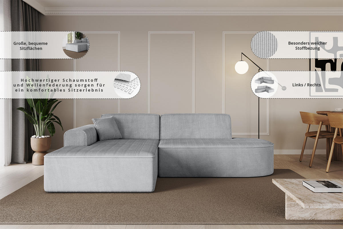 ECKSOFA Ottomane Links IREA-L1-v3 - 234x171x79 cm Dunkelgrau - Ecru, Holzwerkstoff/Textil (234/171cm) - ALTDECOR