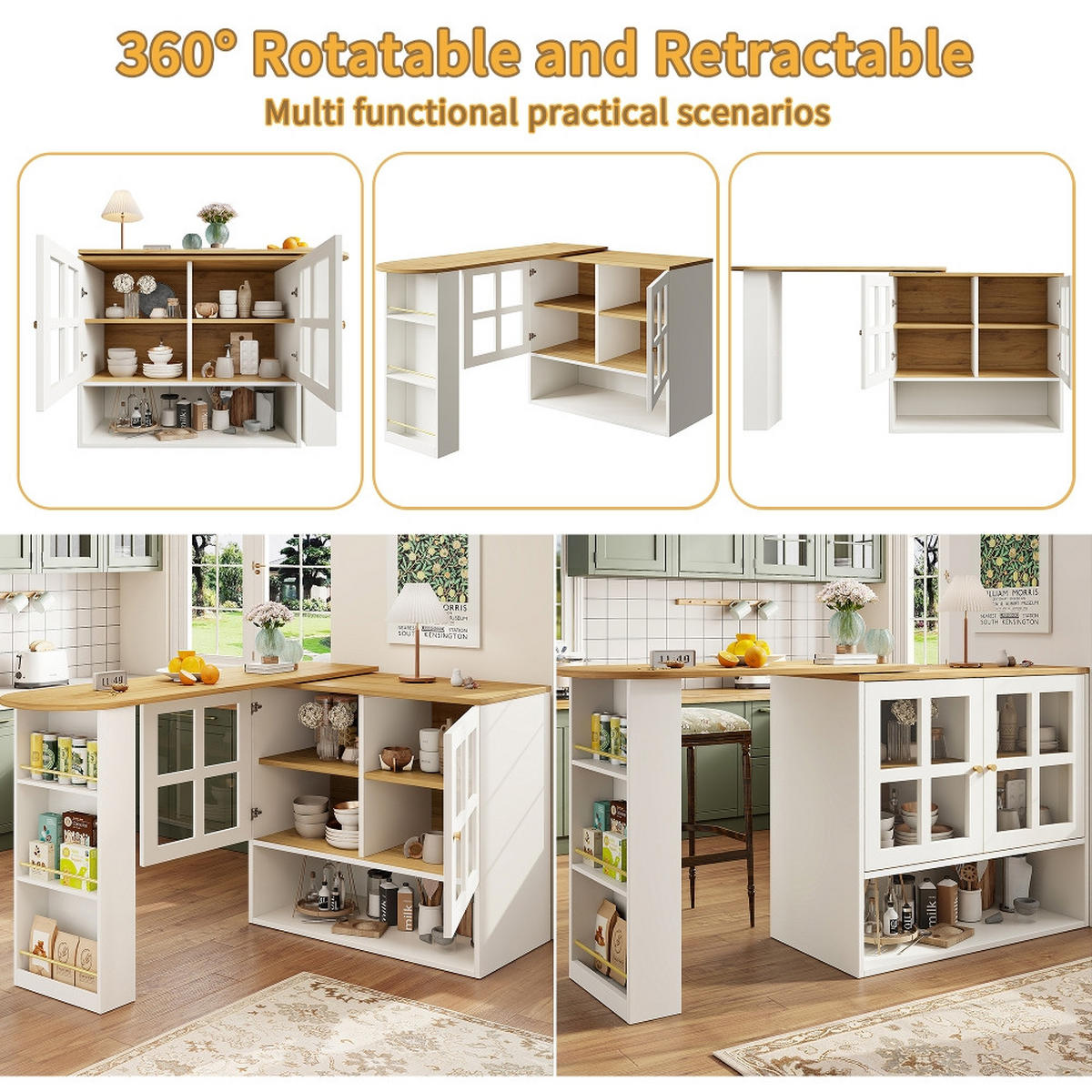 KÜCHENINSEL DREHBARE ESSBAR mit Snackregal, Sideboardschrank, MDF/Glas, Weiß, 138-204/39/102,5 cm - Weiß, Kunststoff (39/102.5/138cm) - Rolipo