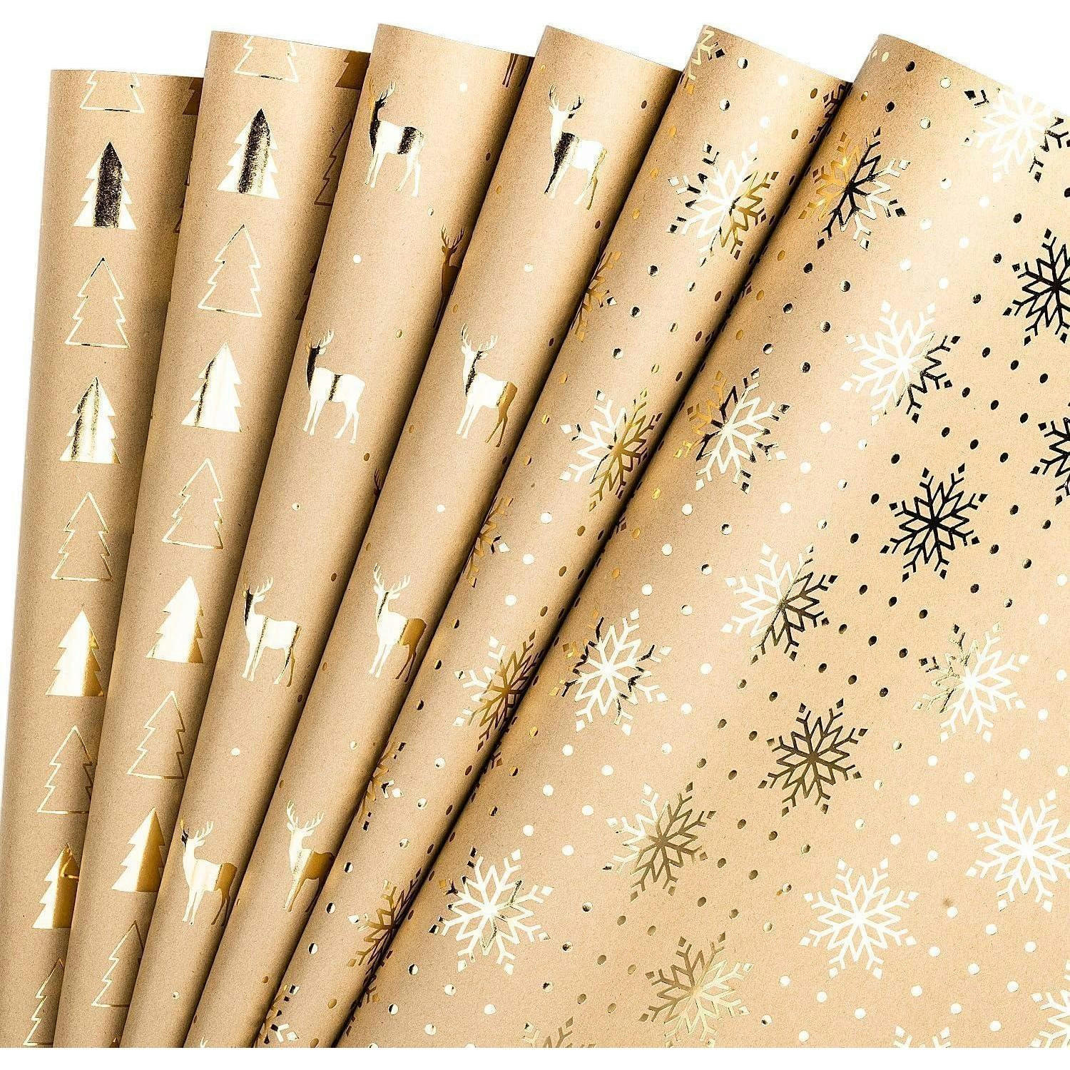 GESCHENKPAPIER 6 Blatt Rolle Kraftpapier Goldfolie Weihnachtsbaum Rentier 44,5 x 76 cm - Multicolor, Papier (44.5/0.1/76cm)