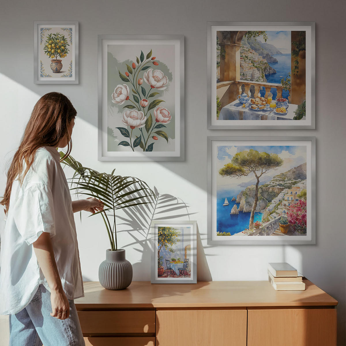 BILDER SET 5er Set - 50x50 cm & 20x30 cm & 40x60 cm Silberner Rahmen - Blick auf das Meer aus Zitronenbäumen - Silberfarben, Kunststoff (40/60cm) - TULUP