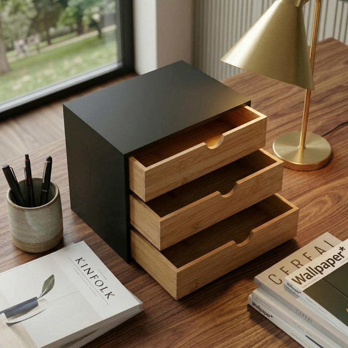 BÜROORGANIZER Hego Bambus 25 cm Schubladen - Schwarz, Naturmaterialien (25/31/25cm) - BOXIMO