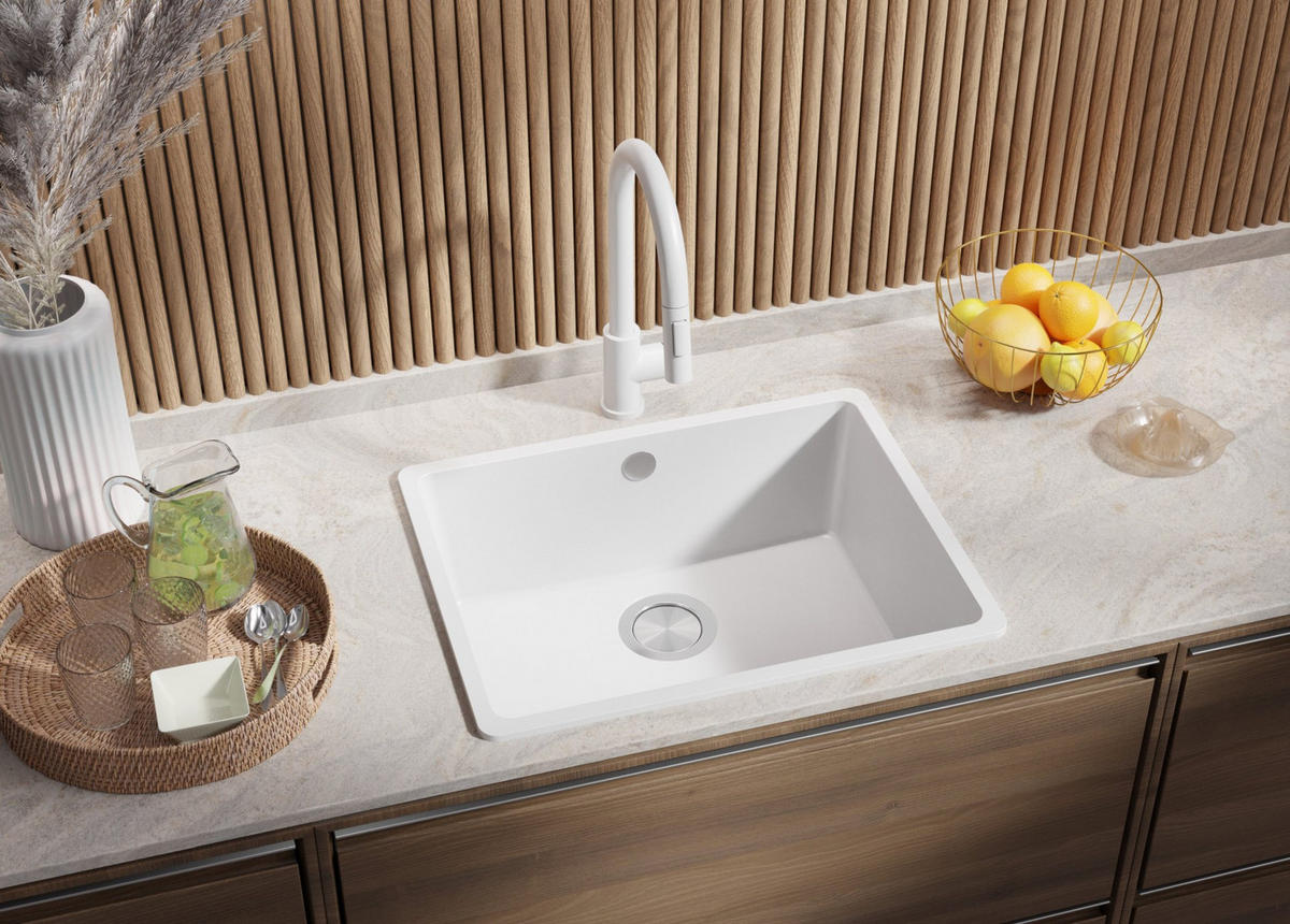 GRANITSPÜLE Venedig Slim Easy, 2-er set Weiß 56/44 cm 1 Becken + Küchenarmatur 32/20 cm + Ablauf-Set ab 60er Unterschrank - Chromfarben/Weiß, Kunststoff (56/20/44cm) - Primagran