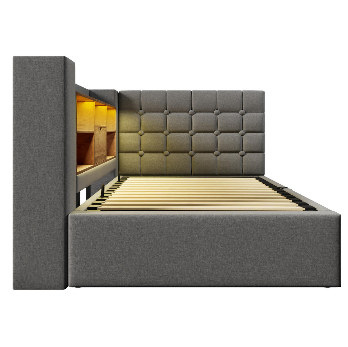 POLSTERBETT 90/200 cm Grau mit Stauraum und LED-Beleuchtung - Grau, Textil (90/200cm) - Flora Grace