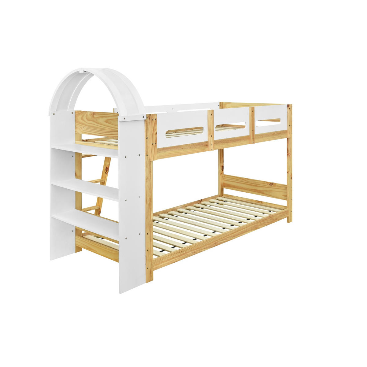 HAUSBETT 90/200 cm in Weiß/Natur mit Regal und Trittleiter - Naturfarben, Holzwerkstoff (90/200cm) - BEAOK