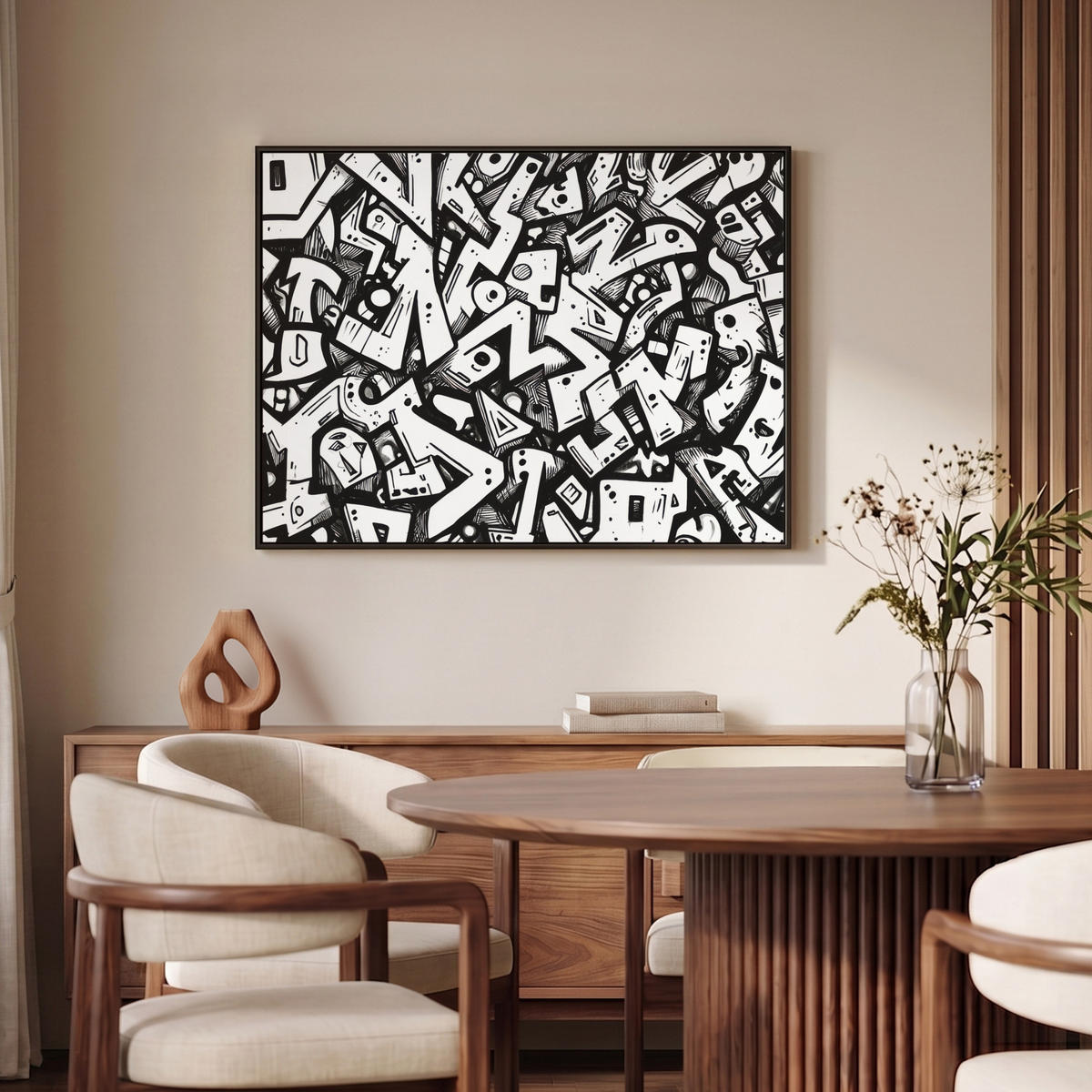 LEINWAND Bilder mit Rahmen - Formen - Buchstaben - Graffiti - Schwarz - 100x70 - Schwarz, Textil (100/70cm) - MuchoWow