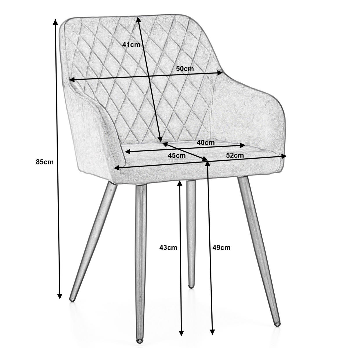 STUHL TODI gepolstert mit Steppung - hellgrau - Samt Velours - Hellgrau/Schwarz, Textil/Metall (56/85/62cm) - NEW HOME
