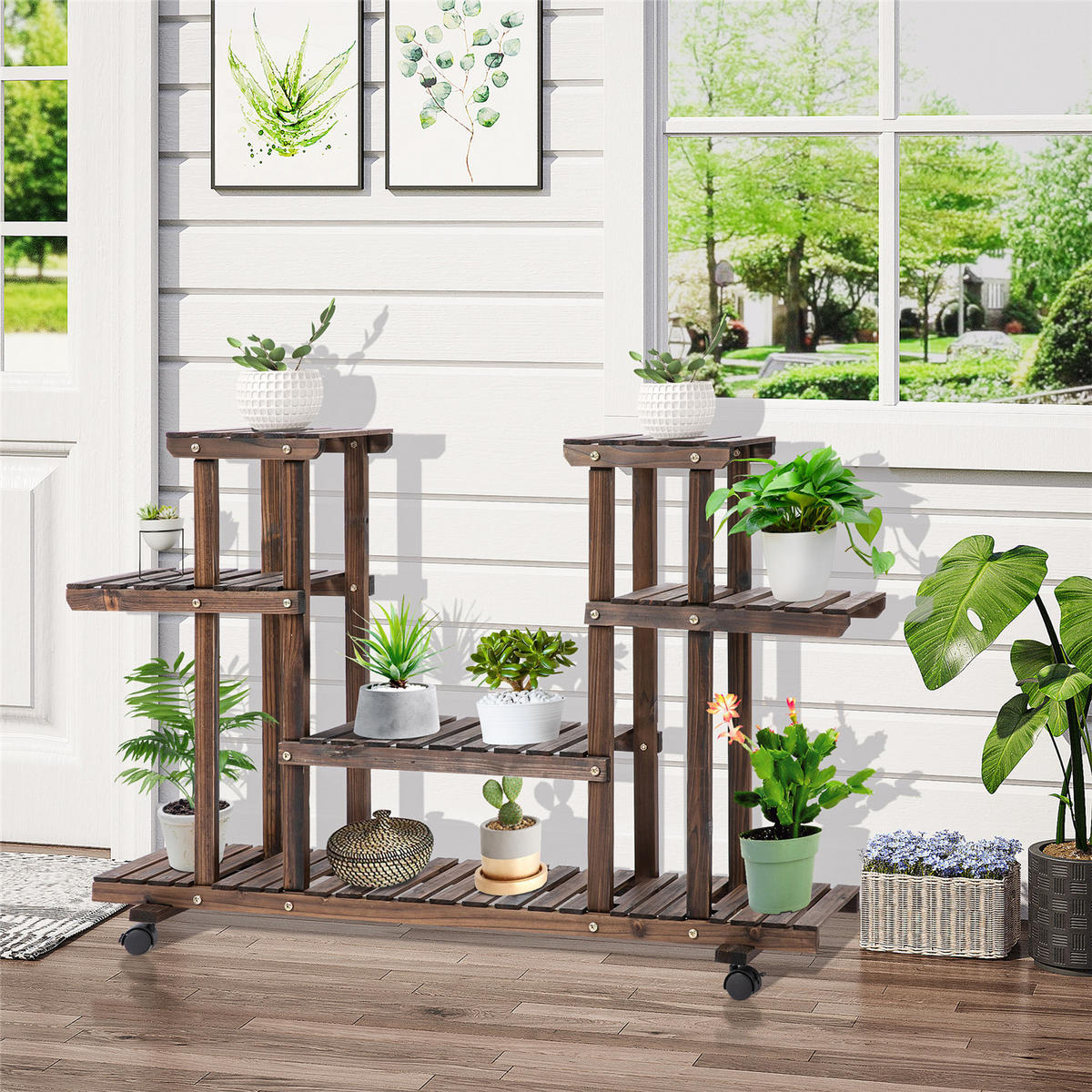 PFLANZENREGAL Massivholz 4 Ebenen Blumenregal verkohlt - Dunkelbraun, Holz (123.5/80/33cm) - Kaket