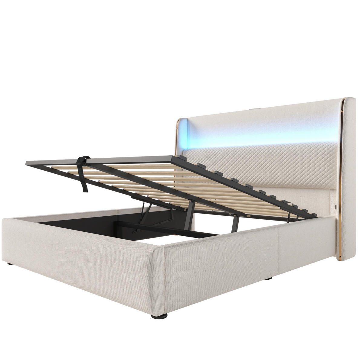 BETT mit Stauraum und LED 140x200 cm Leinenoptik Beige - Beige, Metall (140/200cm) - Meubliv