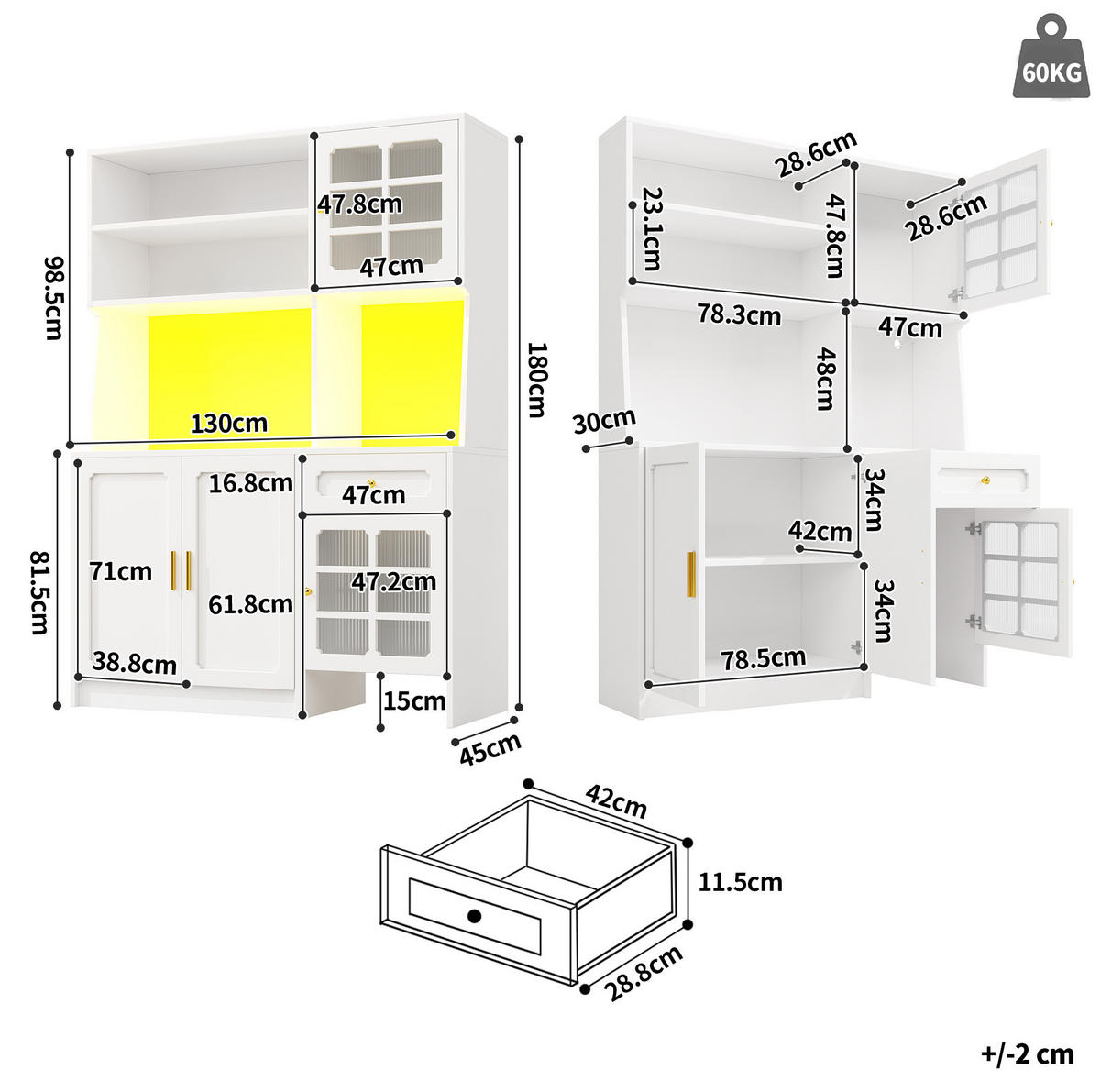 BUFFET 130/180/45 cm Weiß aus MDF mit LED-Beleuchtung - Weiß, Holzwerkstoff (45/180/130cm) - OKMYHOME