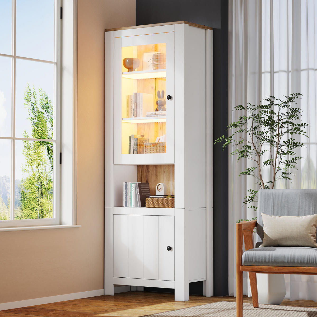 VITRINE LED Hochschrank Glas 188cm 6 Böden Weiß Holzoptik - Weiß, Holzwerkstoff (70/188/40cm) - FLIEKS