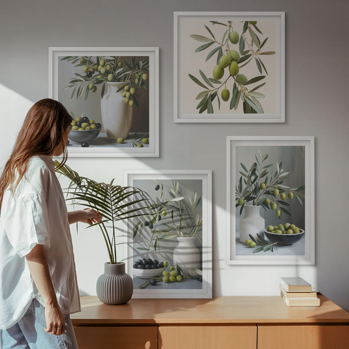 WANDBILDER 4er-Set - 50x50 cm & 40x60 cm Weißer Rahmen - Oliven in grauen Vasen - Weiß, Kunststoff (50/50cm) - ArtPrintCave