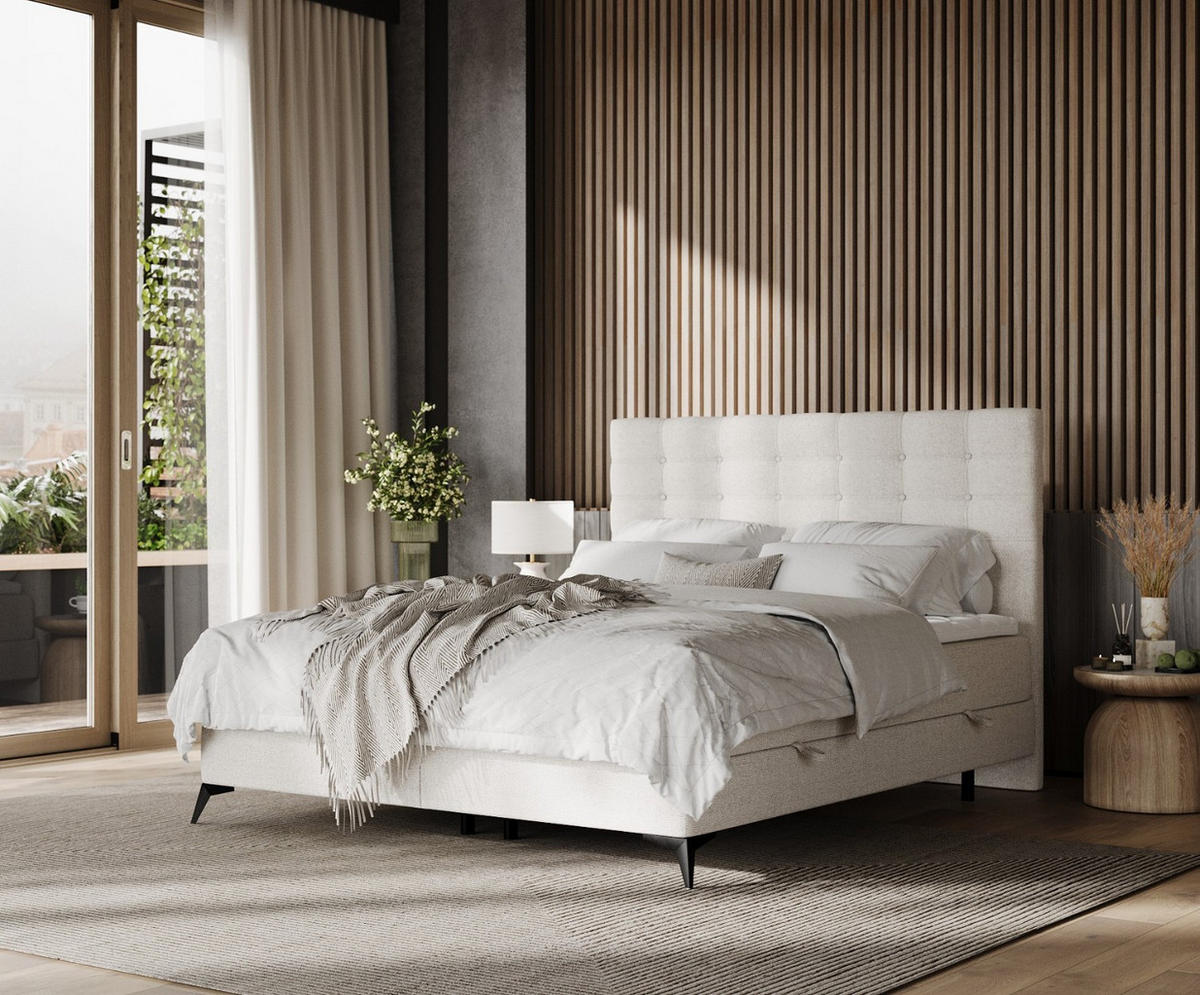 BOXBETT Niro 200/200 cm Hellbeig im Riva Stoff - Beige/Schwarz, Holz/Holzwerkstoff (200/200cm) - AltaBeds