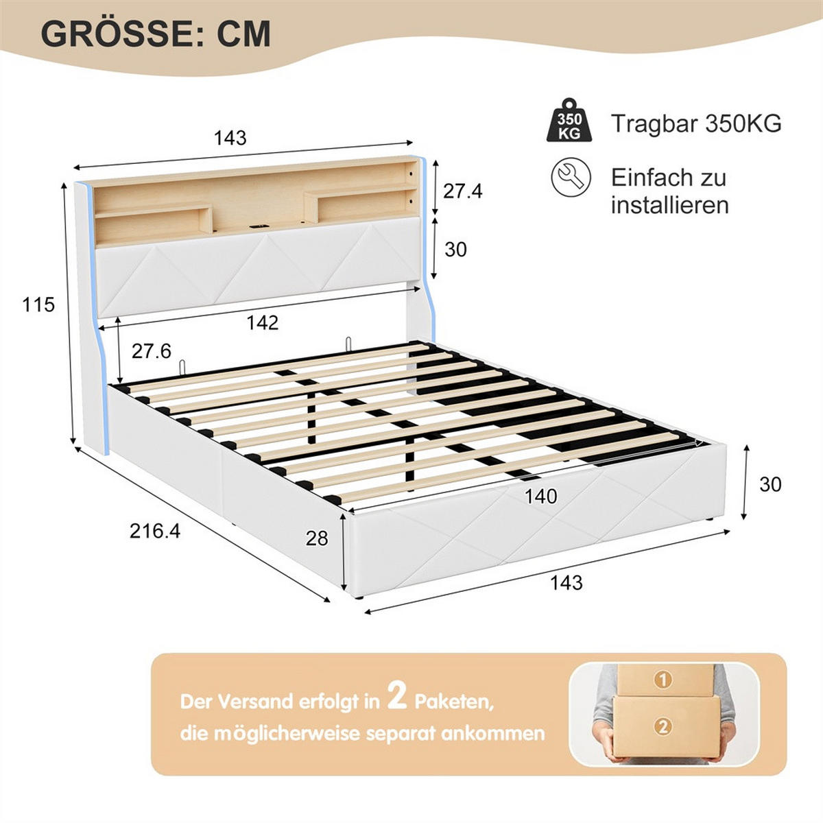 POLSTERBETT 140x200 cm mit LED-Beleuchtung - USB-Ladestation und hydraulischem Stauraum - Weiß PU-Leder - Weiß, Textil (140/200cm) - DELFA