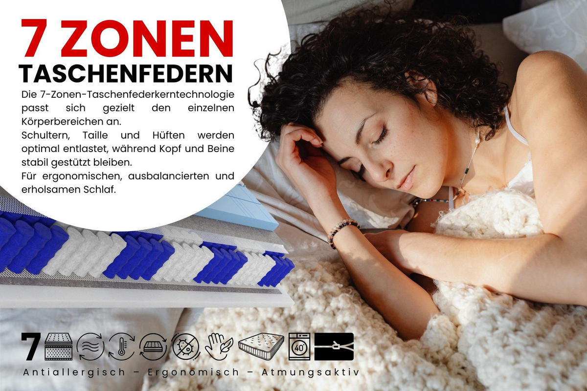 TASCHENFEDERKERNMATRATZE PREMIUM 7 Zonen mit Würfelschnitt-Polyurethanschaum 80/200/20 Schwarz H3 - Schwarz, Textil (80/200cm) - Deine Möbel 24