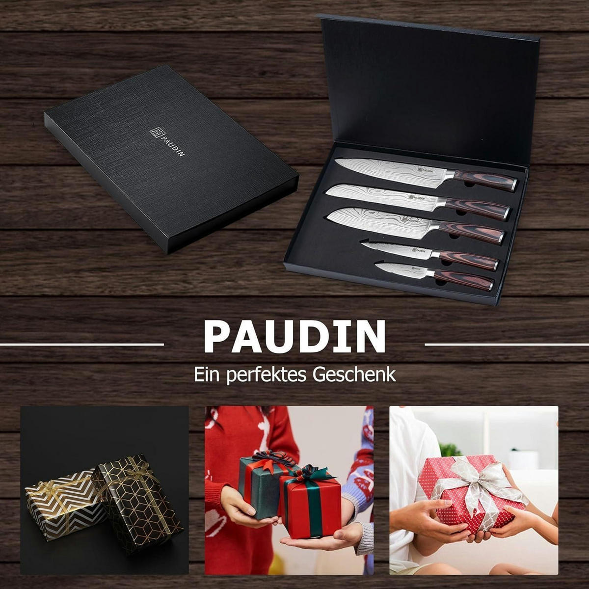 KÜCHENMESSERSET 5-teilig Carbon Edelstahl Pakkawood-Griff - Multicolor, Metall