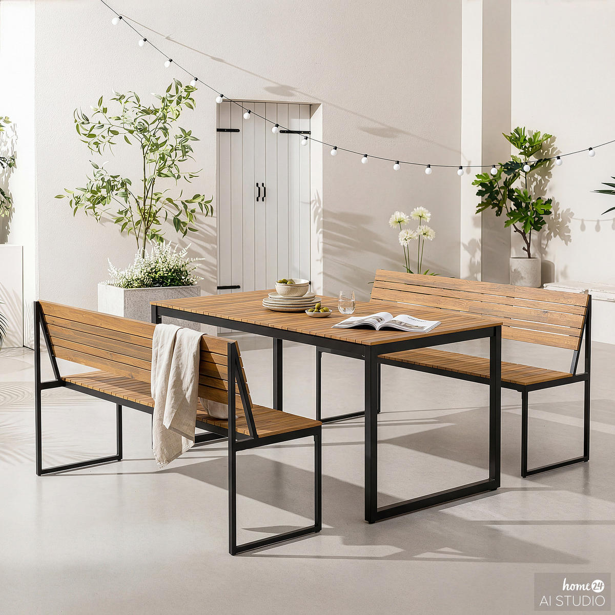 GARTENESSGRUPPE - 3-teilig - Akazie massiv / Stahl - Braun / Schwarz - Schwarz/Akaziefarben, Holz/Metall - home24