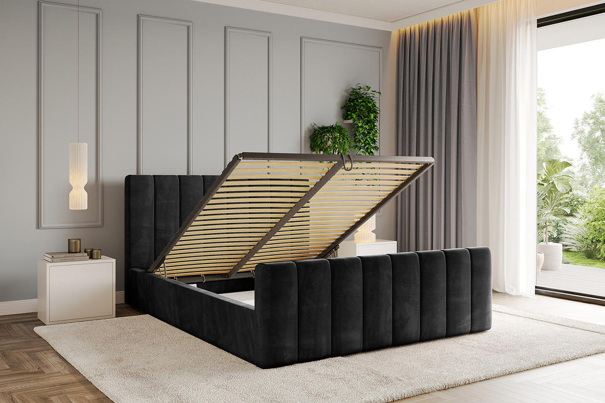 POLSTERBETT mit Bettkasten, Fußteil und Lattenrost, Boxbett mit Matratze H3/H4 - STERA-Z 140x200 Schwarz - Schwarz, Holzwerkstoff/Textil (140/200cm) - ALTDECOR