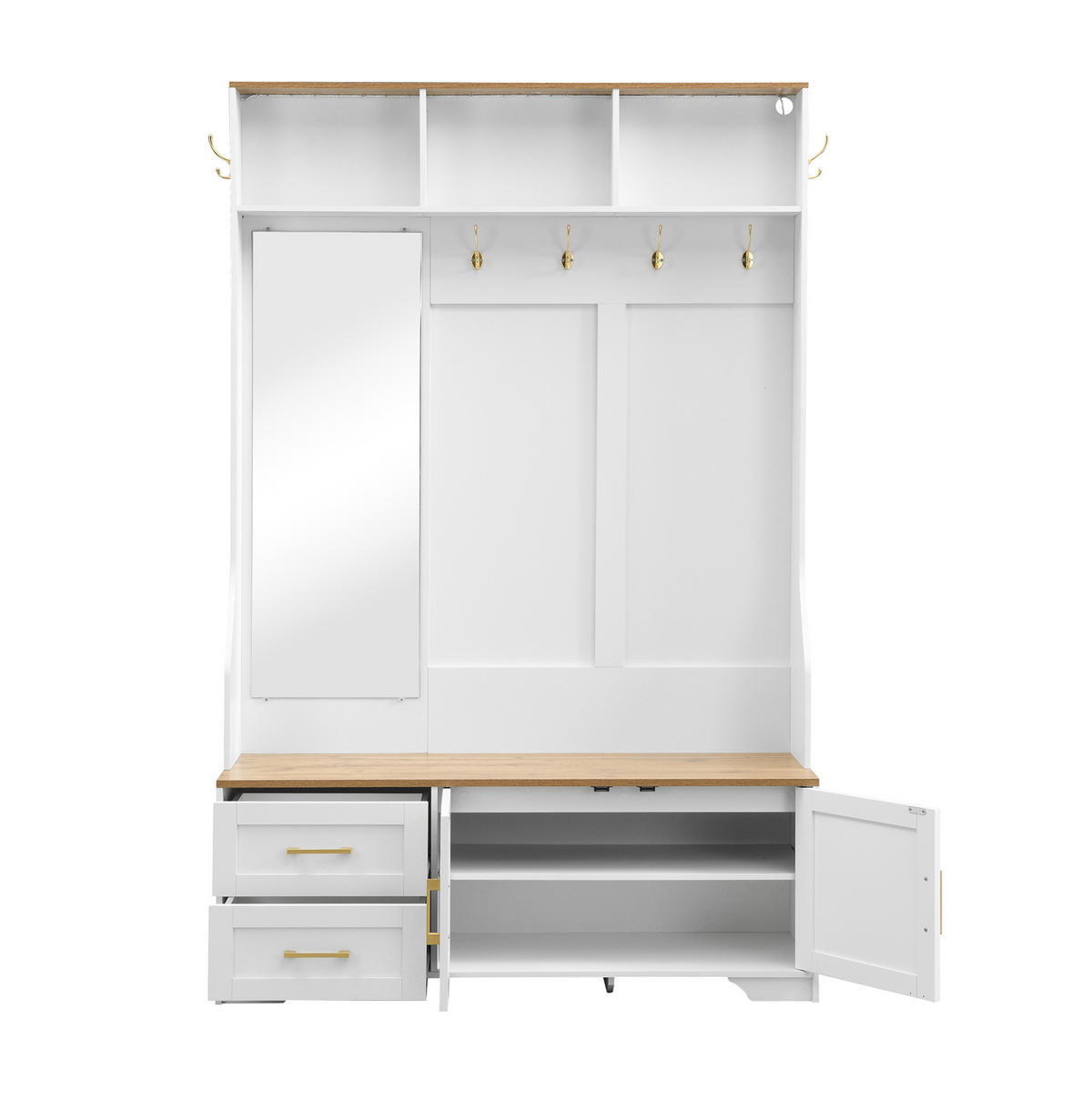DIELENGARDEROBE 120/40/187 cm mit Spiegel, Sitzbank und LED in Weiß/Holzfarbe - Weiß, Holzwerkstoff (40/187/120cm) - BEAOK