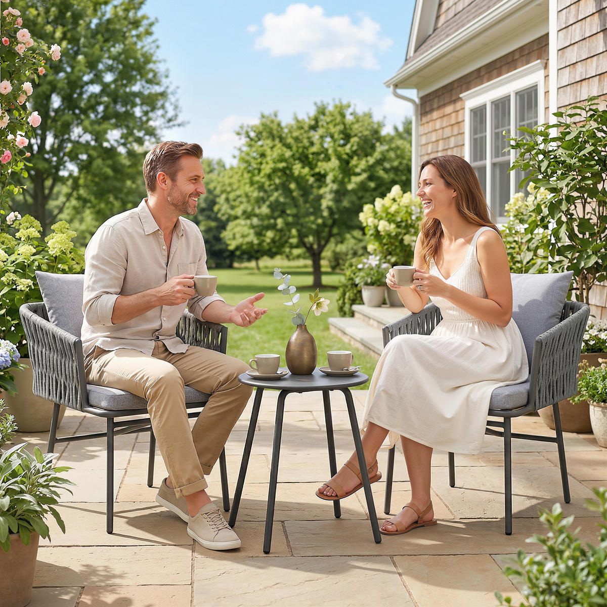 BISTRO-SET DE-06735 3-teilig, 2 Stühle & Tisch, mit 4 Kissen Grau - Grau, Kunststoff/Metall - ComfortXL