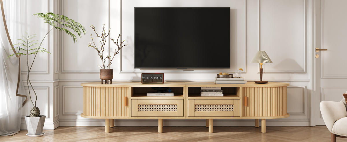 TV stolek 170/40/40 cm se 2 zásuvkami, 2 posuvnými dvířky a ratanovým dekorem, světlý dub - přírodní, kompozitní dřevo (170/40/40cm) - Redom