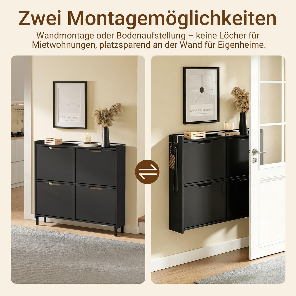 SCHUHSCHRANK mit 4 Klappen und Sensorlicht Schwarz 100x19x93cm - Schwarz, Holzwerkstoff (19/93/100cm) - SoBuy
