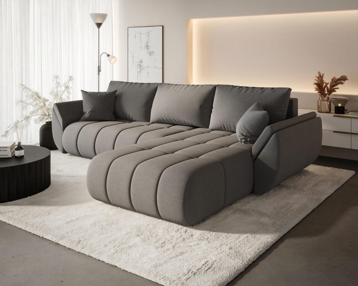 ECKSOFA TOKYO PREMIUM mit Schlaffunktion, Stoff WIND, Stahl, Rechts - Grau, Holz (280/190cm) - Kaiser Möbel