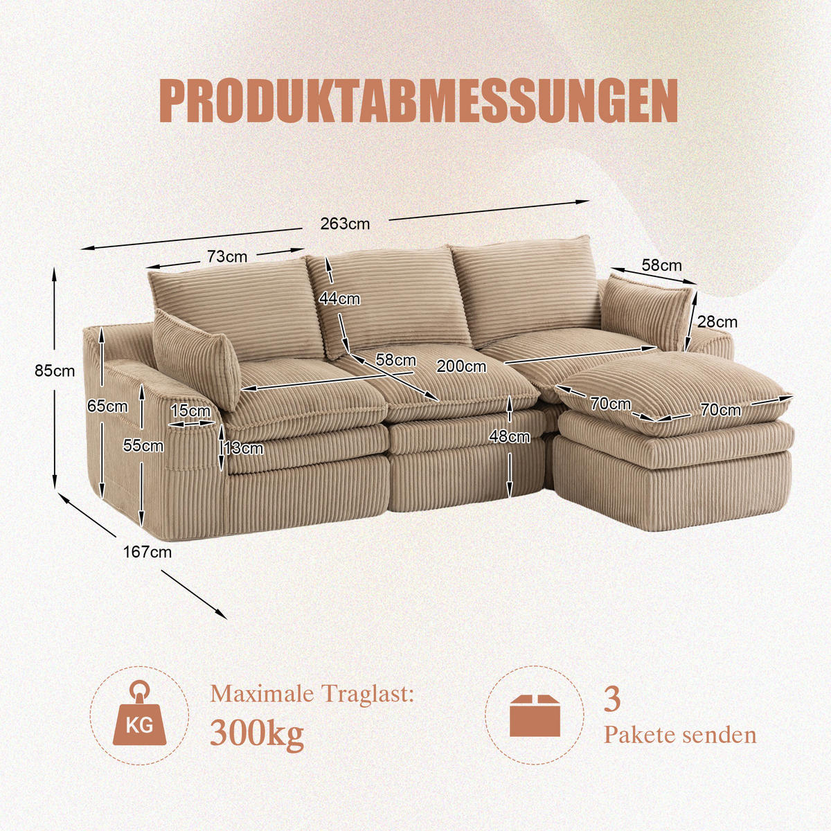 3-SITZER ECKSOFA Cord Khaki mit Hocker und Kissen - Hellbraun, Textil (263/167cm) - WISHDOR