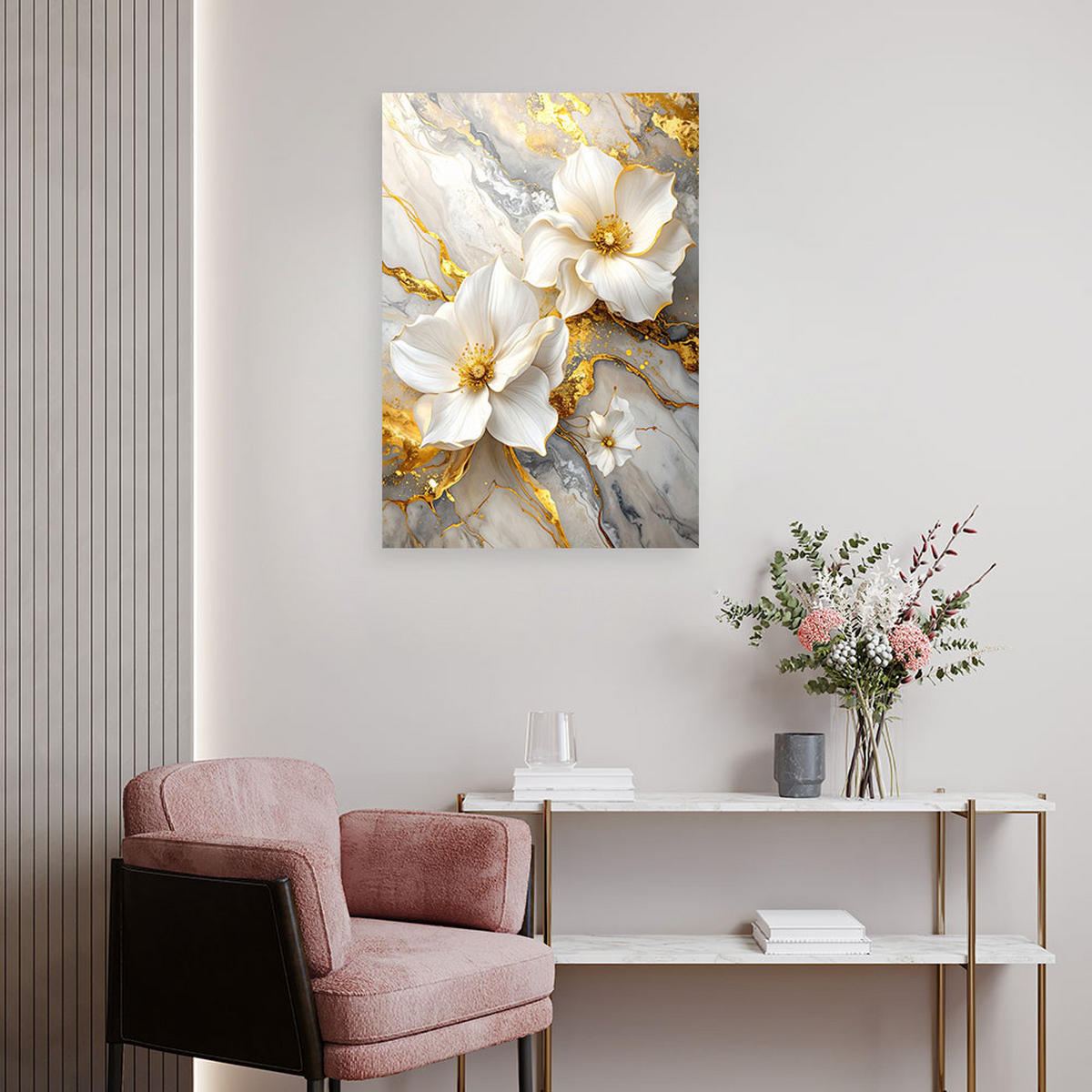 WANDBILD, Weiße Magnolien mit zartem Gold auf einem hellen Marmorhintergrund - Weiß, Textil (20/30cm) - Feeby